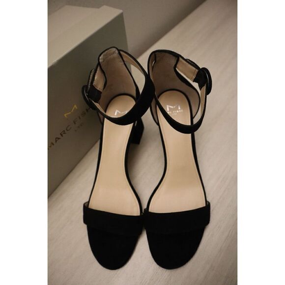 Marc Fisher Women's Sz 10 M Black Suede Karlee Ankle Strap Dress Sandal Heels - Picture 7 of 9